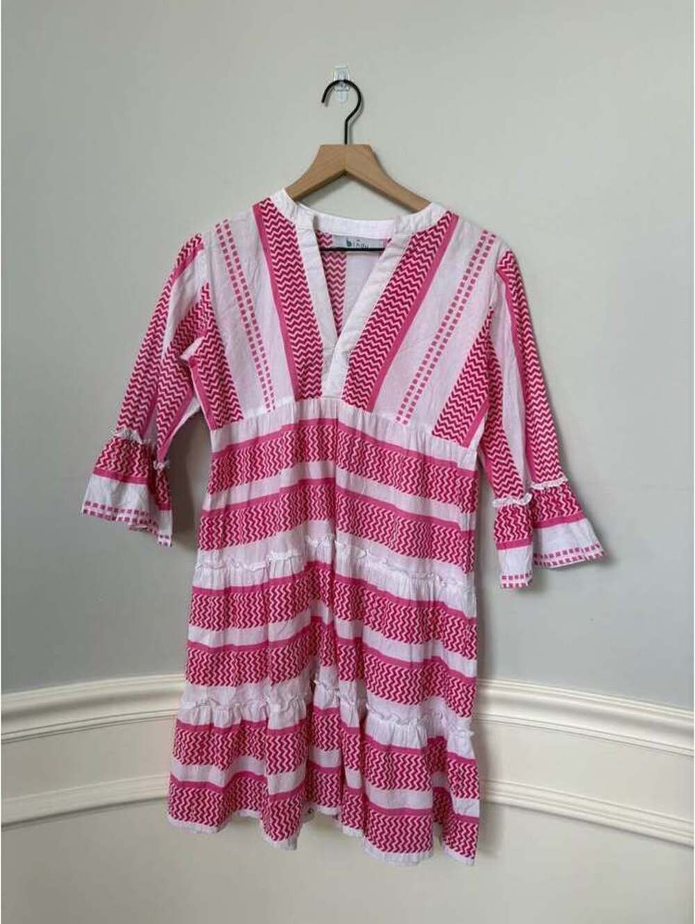 Bindu Pink and White Patterned Tiered Dress Size M